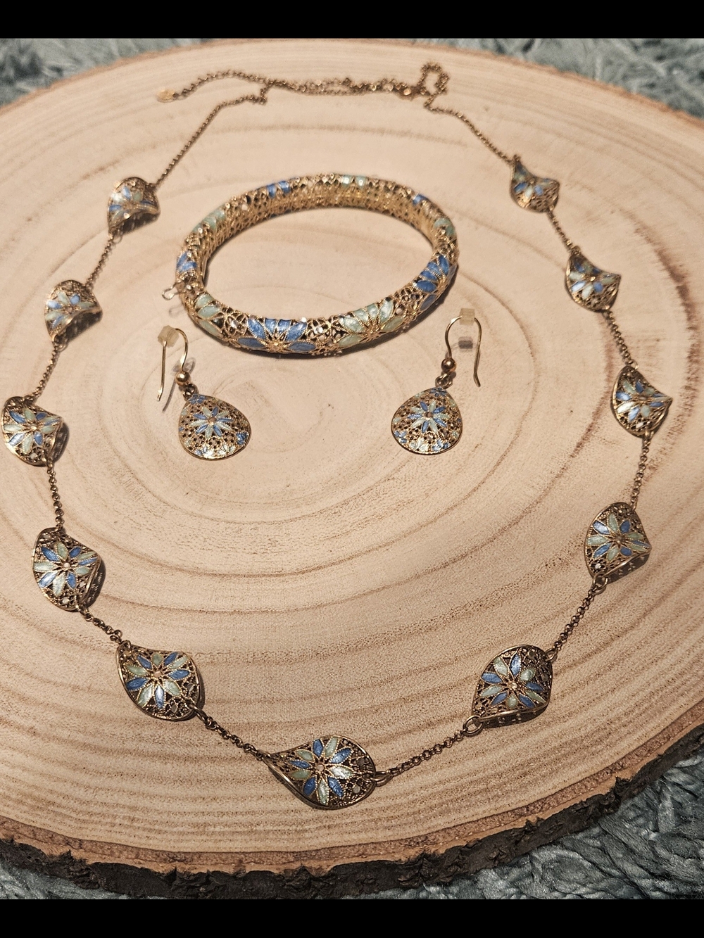 Gold Filigree Blue Floral Necklace, Bracelet & Earrings Set